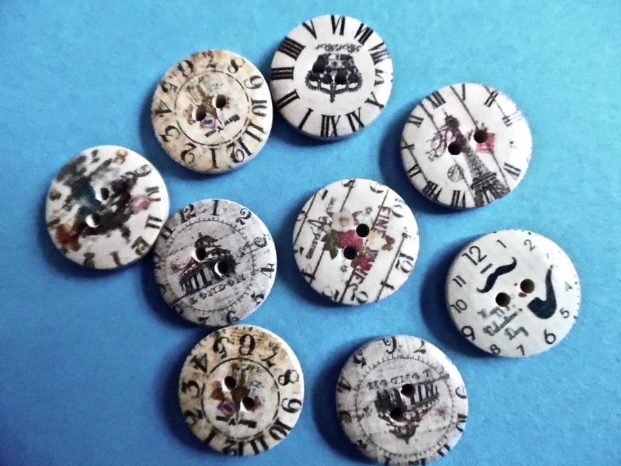 10 x Clock Wood Patterned Buttons  2 holes