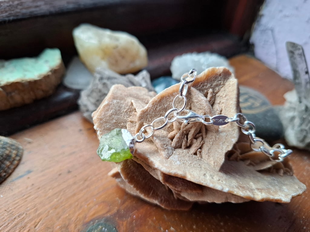 Raw Peridot Crystal and Sterling Silver Bracelet - August Birthstone