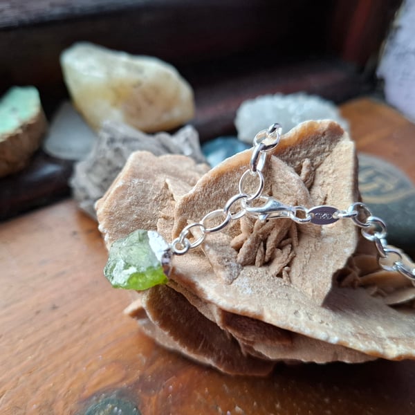 Raw Peridot Crystal and Sterling Silver Bracelet - August Birthstone