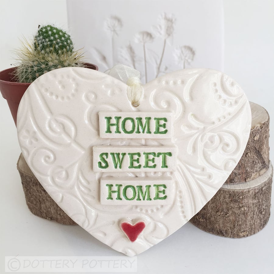 Ceramic heart hanging decoration Pottery Heart  Home Sweet Home
