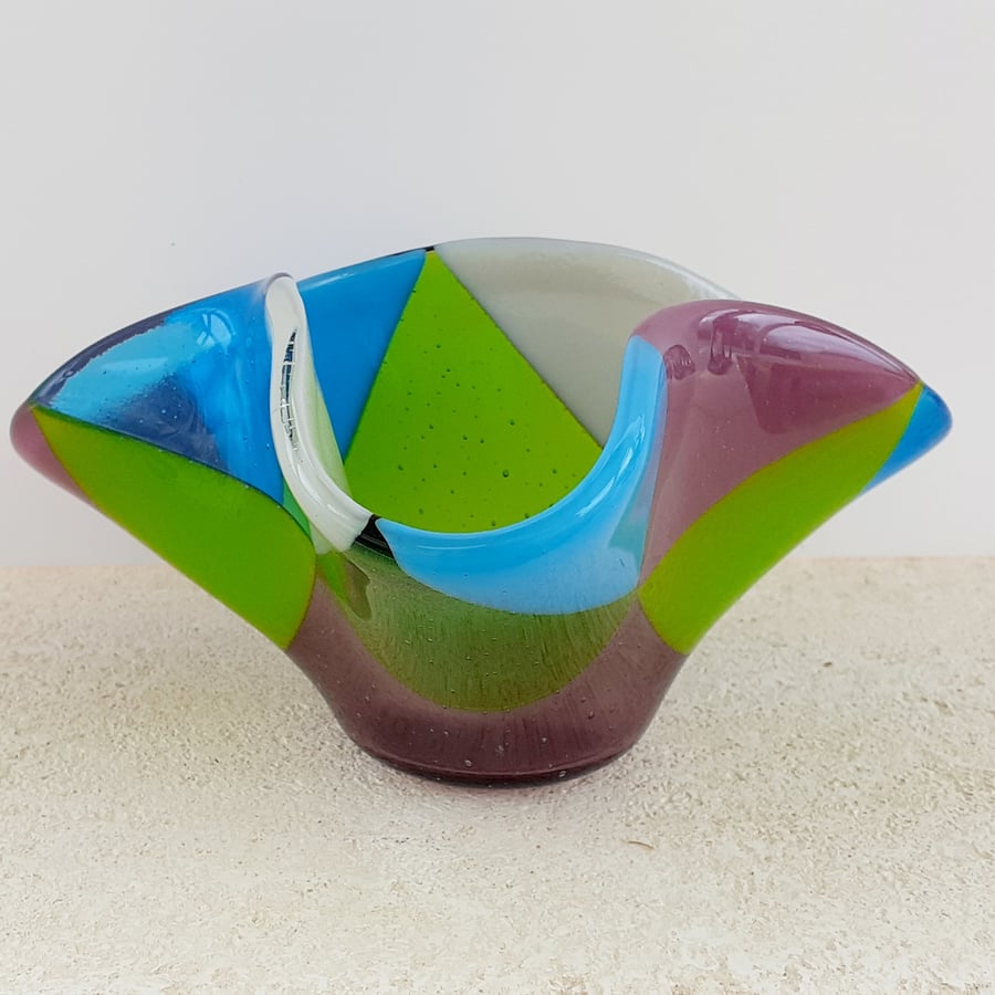 Fused glass ornamental organic shape candle holder or vase, triangles