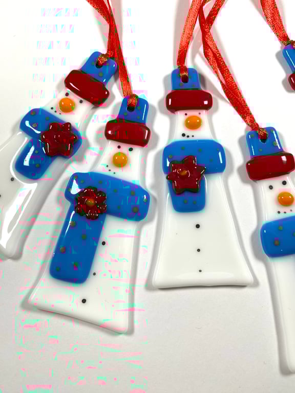 Red and blue cute fused glass snowman 