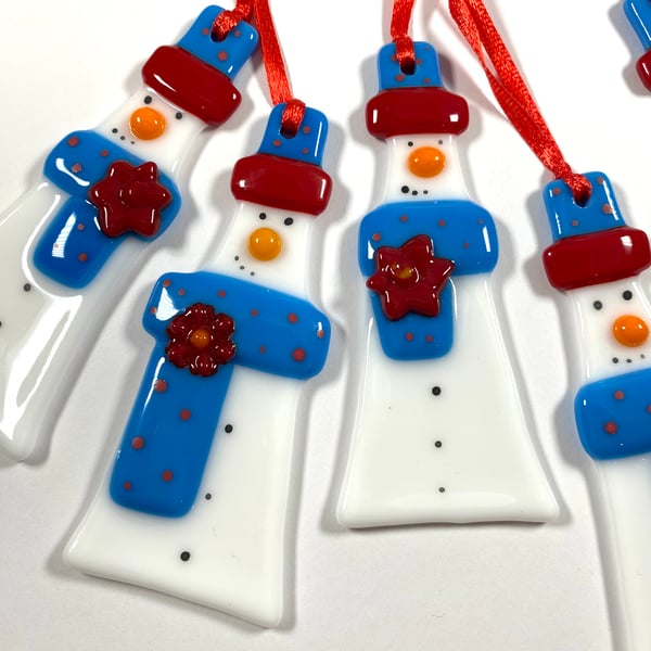 Red and blue cute fused glass snowman 