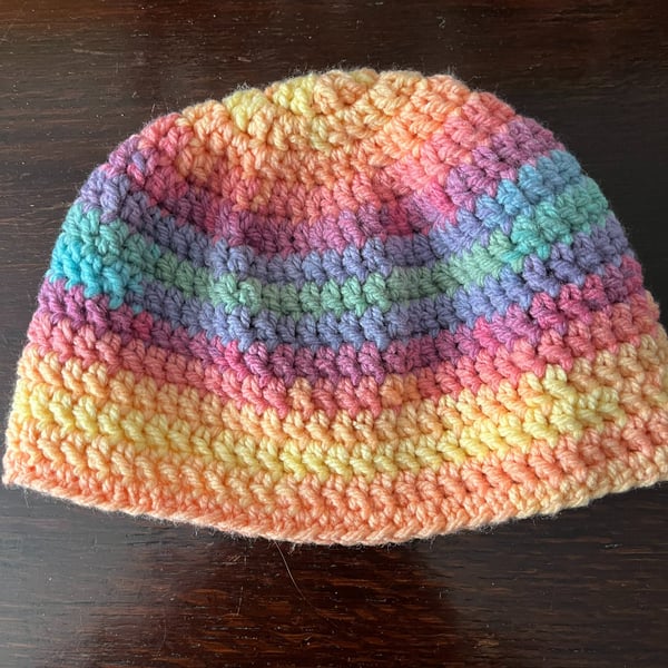 Multi-Coloured Chunky Yarn Hand-Crocheted Beanie Hat 