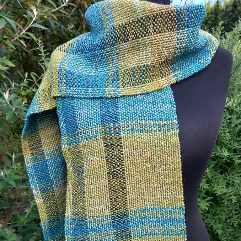 Handwoven Wool, Alpaca, Silk & Bamboo Scarf in Blues and Pale Green