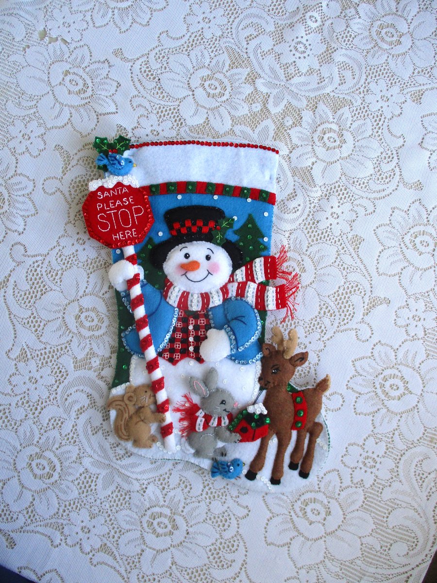 Personalised Snowman Stocking - Santa Stop Here - Bucilla Completed - Snow