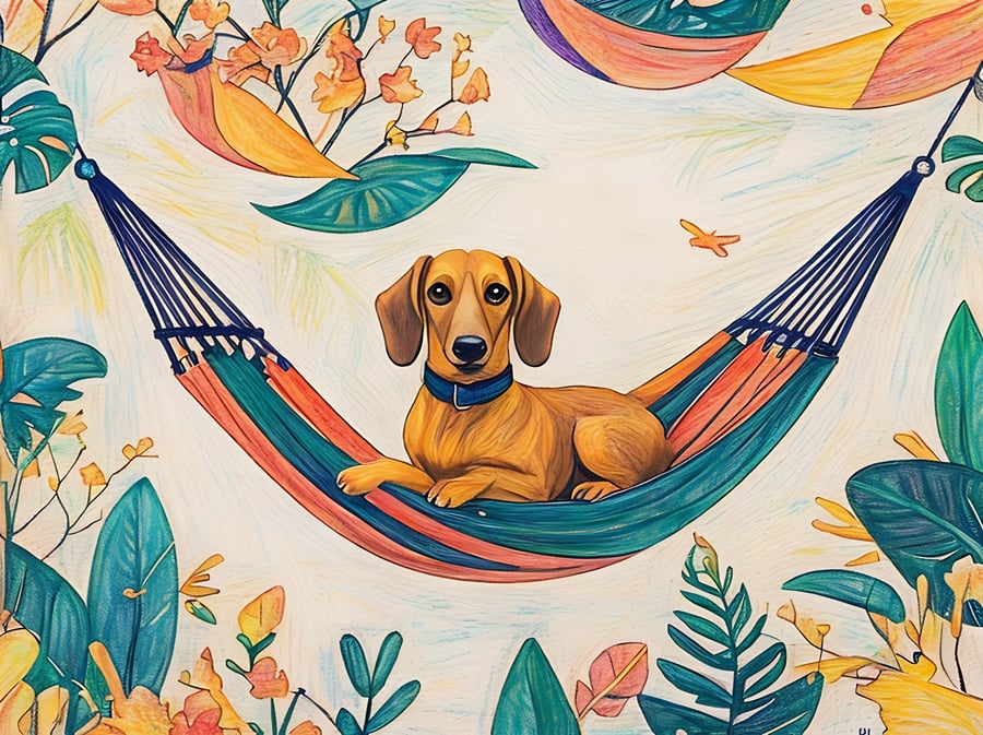 Sausage Dog In Hammock Greeting Card A5