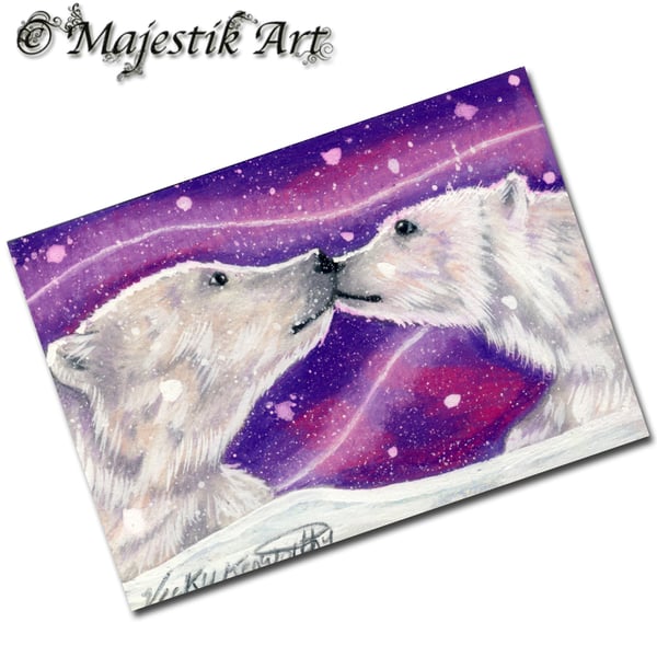 Archival ACEO Polar Bears Print 'Aurora love' By V Kenworthy
