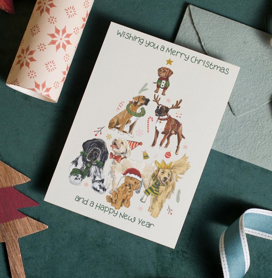 Dog illustrations Christmas card for dog lovers - Xmas tree - different breeds