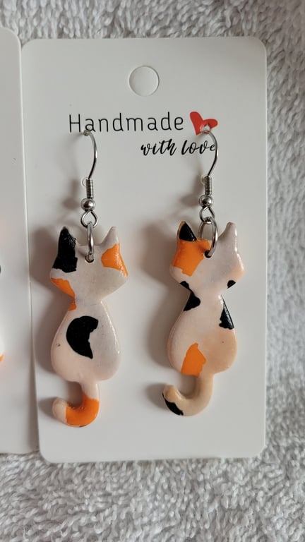 Handmade Polymer Clay Ginger Orange Black Cat Earrings, 316 Stainless Steel