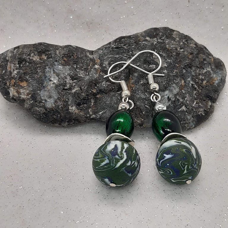 Earrings in forest green, black and silver swirl
