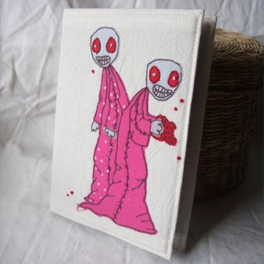 embroidered pink zombies (eating brains!) fabric notebook (A6 size)