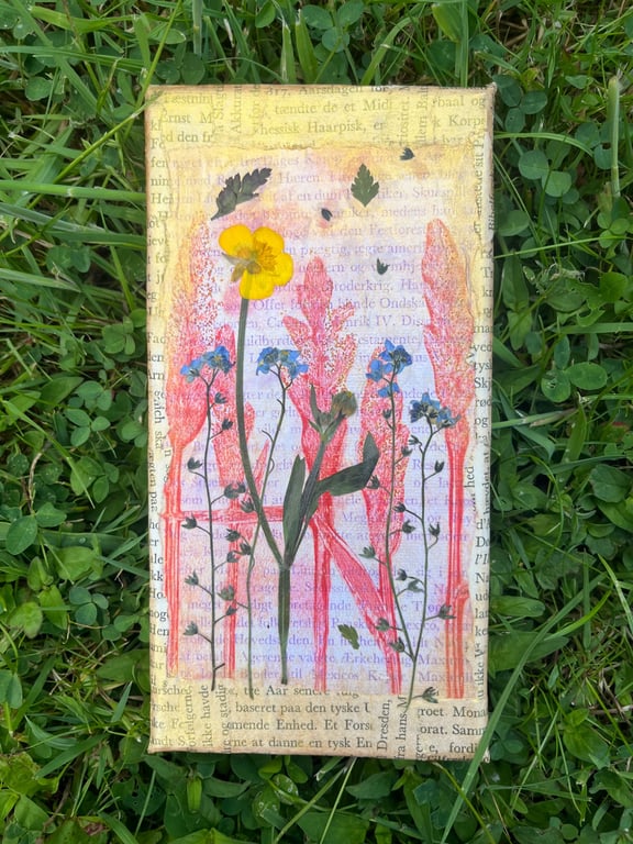 Forget Me Not - Original Gel Plate Print with Pressed Flowers