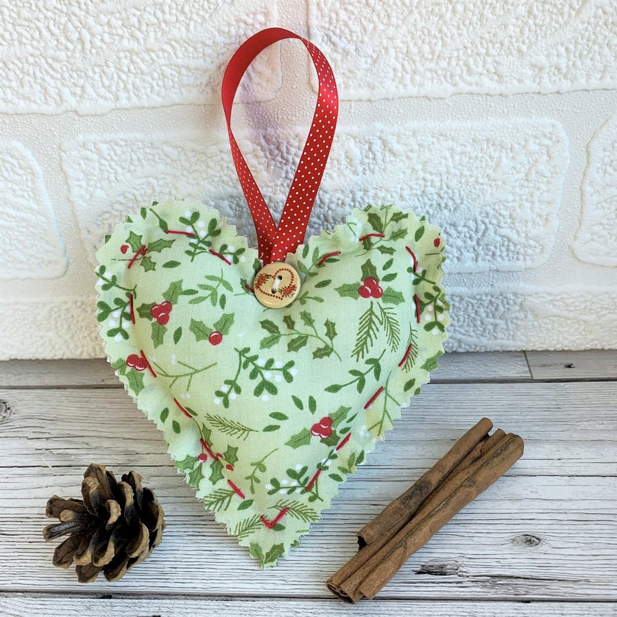 SALE Pale sage green Christmas hanging heart decoration with holly and mistletoe
