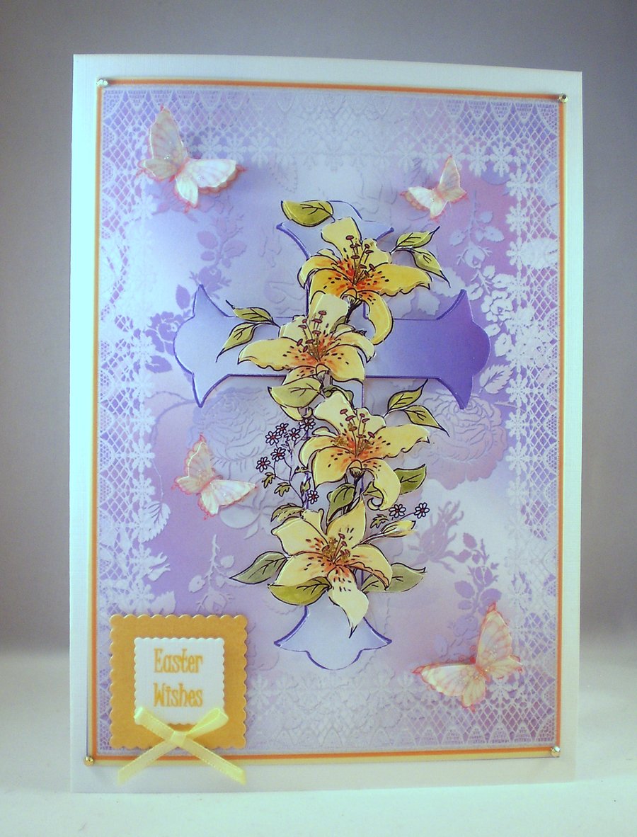 Handmade Easter Cross and Flowers Greetings Card, Decoupage 3D