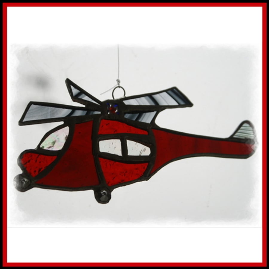 Red Rescue Helicopter Suncatcher Stained Glass handmade