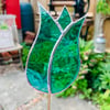 Stained  Glass Tulip Stake Large - Handmade Plant Pot Decoration -  Aqua