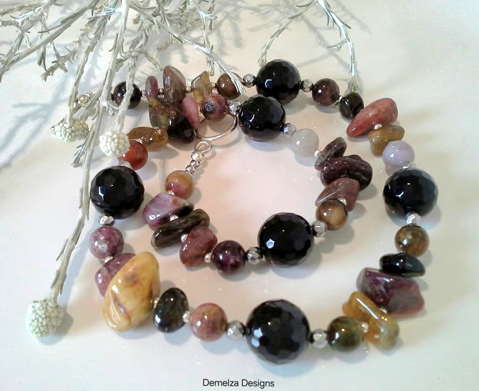 Chunky Designer Genuine Tourmaline & Black Onyx Statement Silver Plate Necklace 