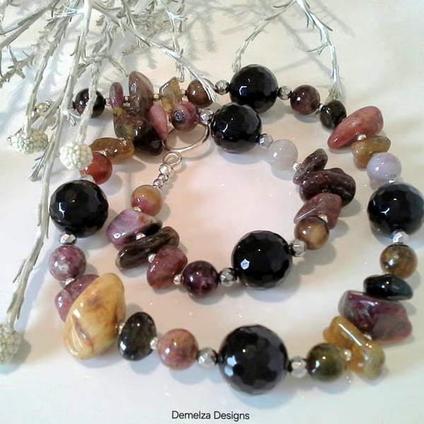 Chunky Designer Genuine Tourmaline & Black Onyx Statement Silver Plate Necklace 