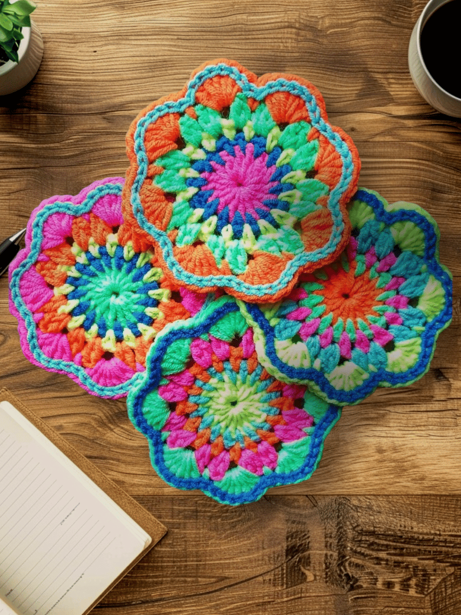 ultra bright neon crochet mandala flower coasters