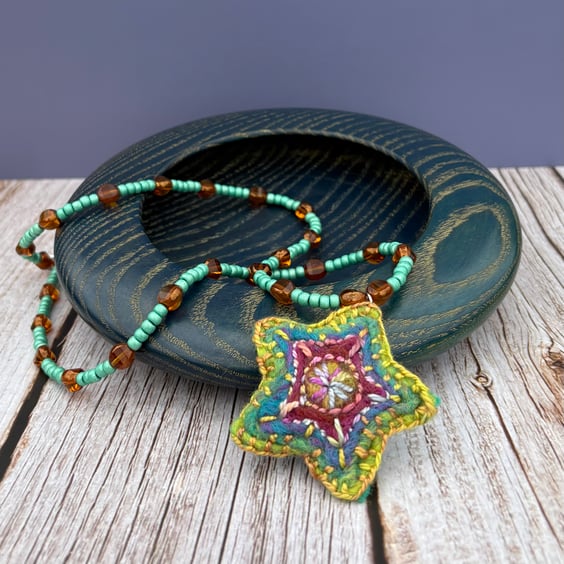 Bead and Felted Charm BoHo style Necklace - Striped Star