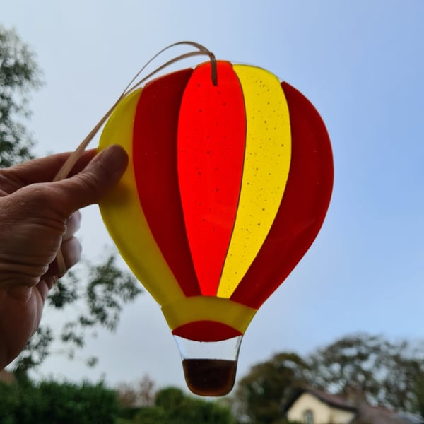 Orange and yellow fused glass hot air balloon hanging decoration
