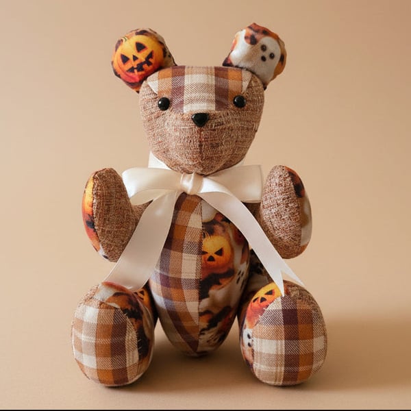 Custom Handmade Teddy Bear -  Seasonal Halloween Print with Bow