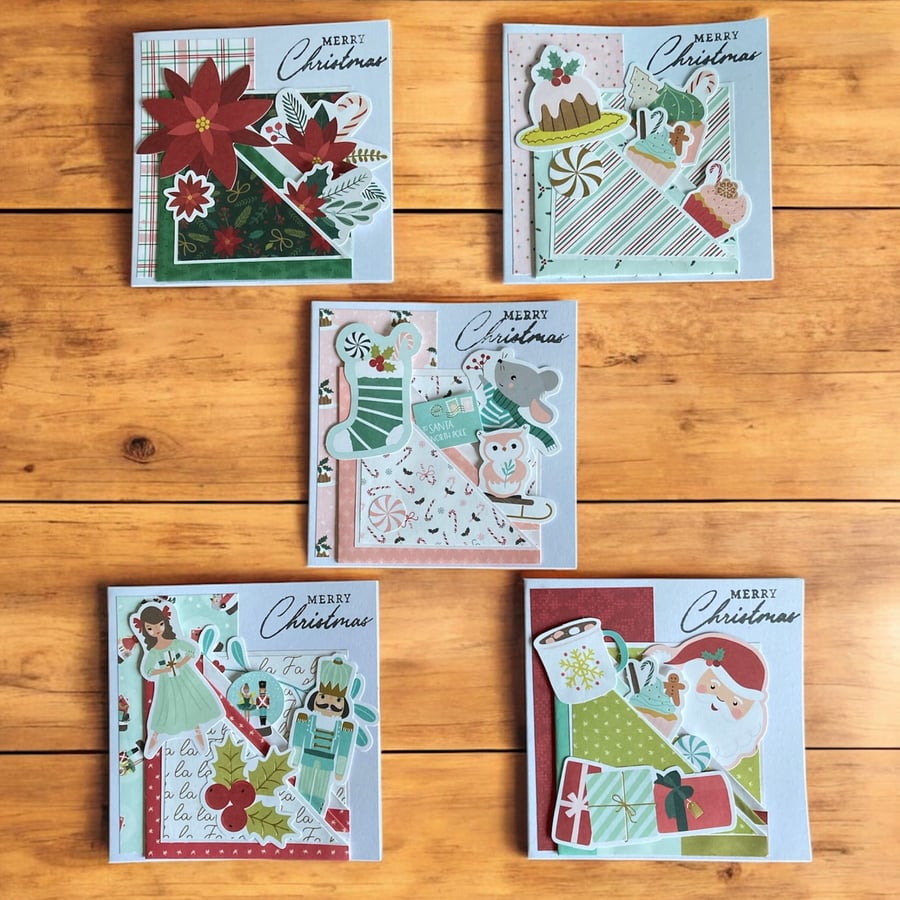Set of 5 Handmade Christmas Cards – Layered Pocket Design