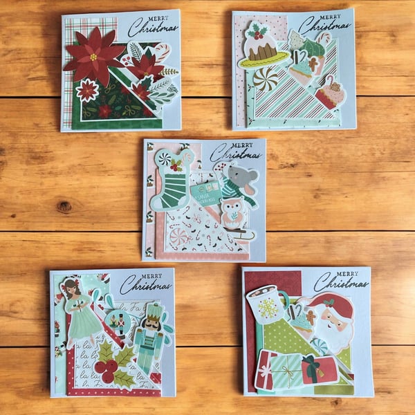 Set of 5 Handmade Christmas Cards – Layered Pocket Design