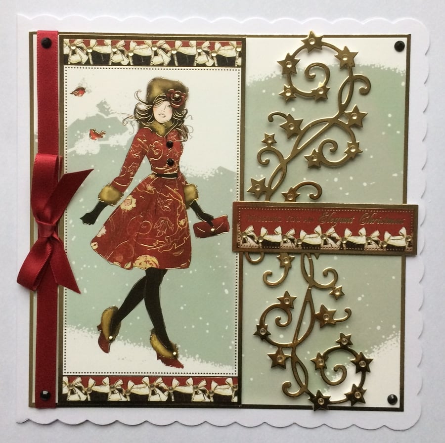 Christmas Card Wishing You an Elegant Christmas Girl 3D Luxury Handmade Card