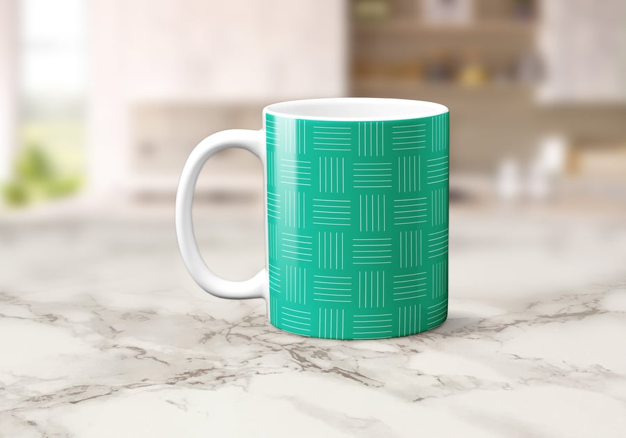 Green and White Geometric Design Mug, Tea or Coffee Cup
