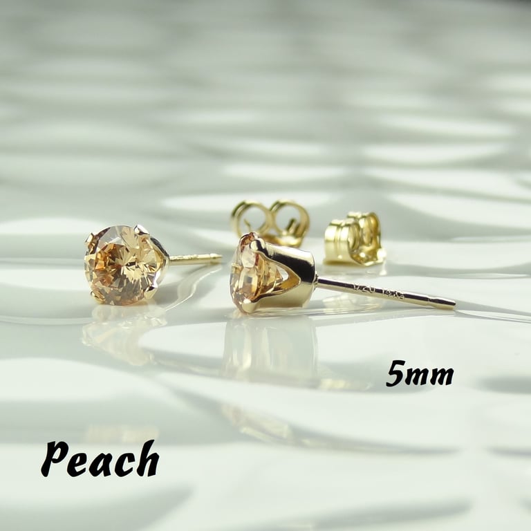 Cubic Zirconia stud earrings, sterling silver or 14k gold filled, peach, 5mm