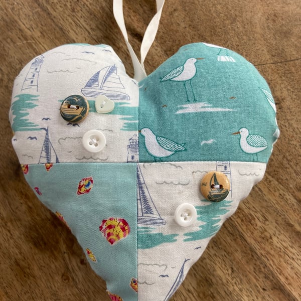 Padded Heart Hanging Decoration with Seaside Fabric and Handsewn Decorations
