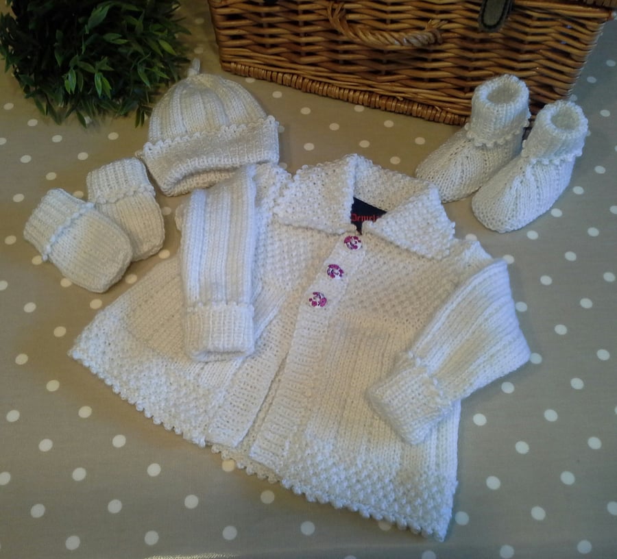 Designer Ivory White Baby Hand Knitted Gift Set  0-6 mths size