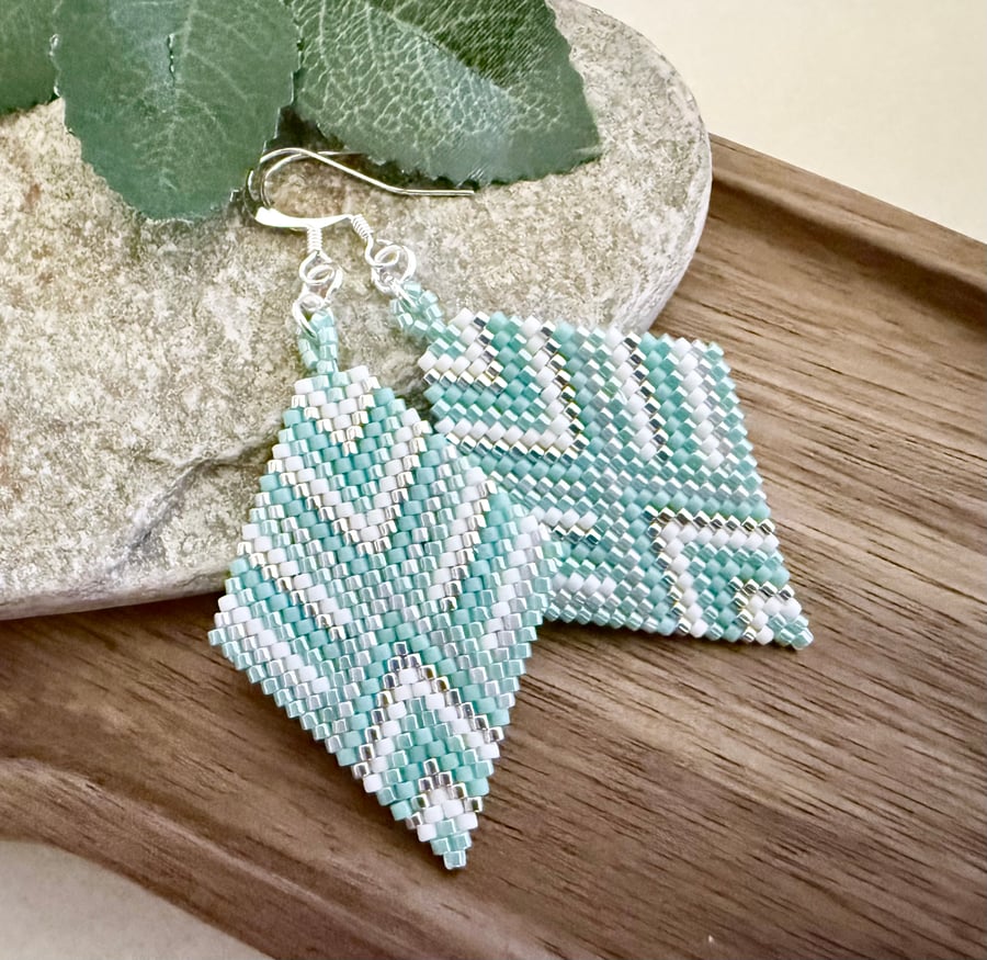 Handmade Beadwork Earrings in Turquoise, White & Silver with a Chevron Design