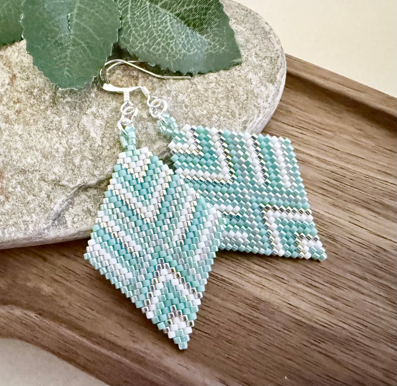 Handmade Beadwork Earrings in Turquoise, White & Silver with a Chevron Design