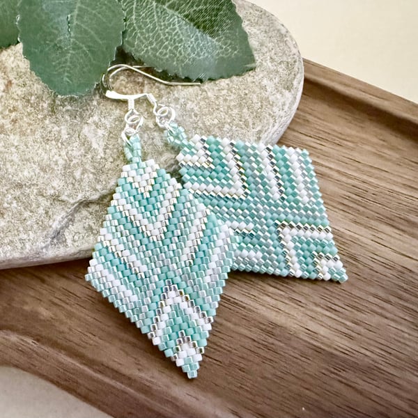 Handmade Beadwork Earrings in Turquoise, White & Silver with a Chevron Design
