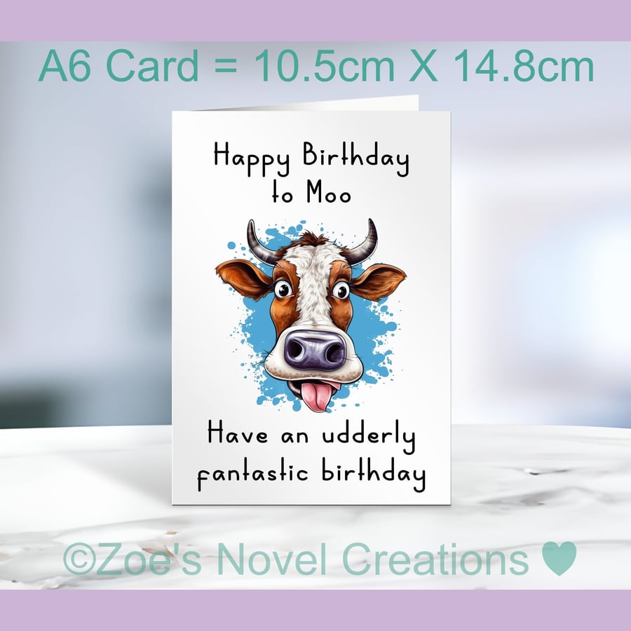 Cow Birthday Card, A6 size 10.5cm X 14.8cm 
