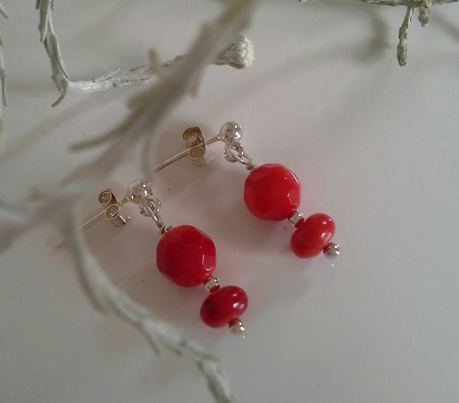 Dainty  Eco Reclaimed Red Coral Stud Sterling Silver Earrings