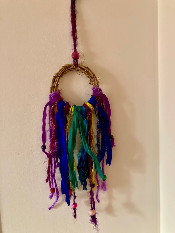 Sari silk ribbon and yarn hanging decoration