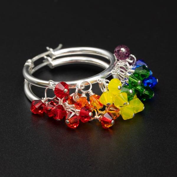 Rainbow cluster hoop earrings with Swarovski crystal bead and sterling silver