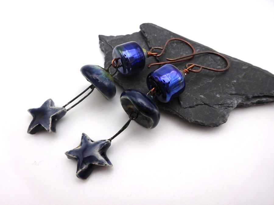 blue lampwork glass earrings, ceramic star jewellery
