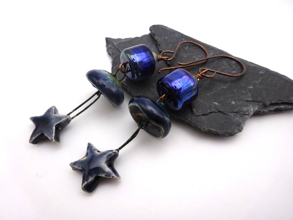 blue lampwork glass earrings, ceramic star jewellery