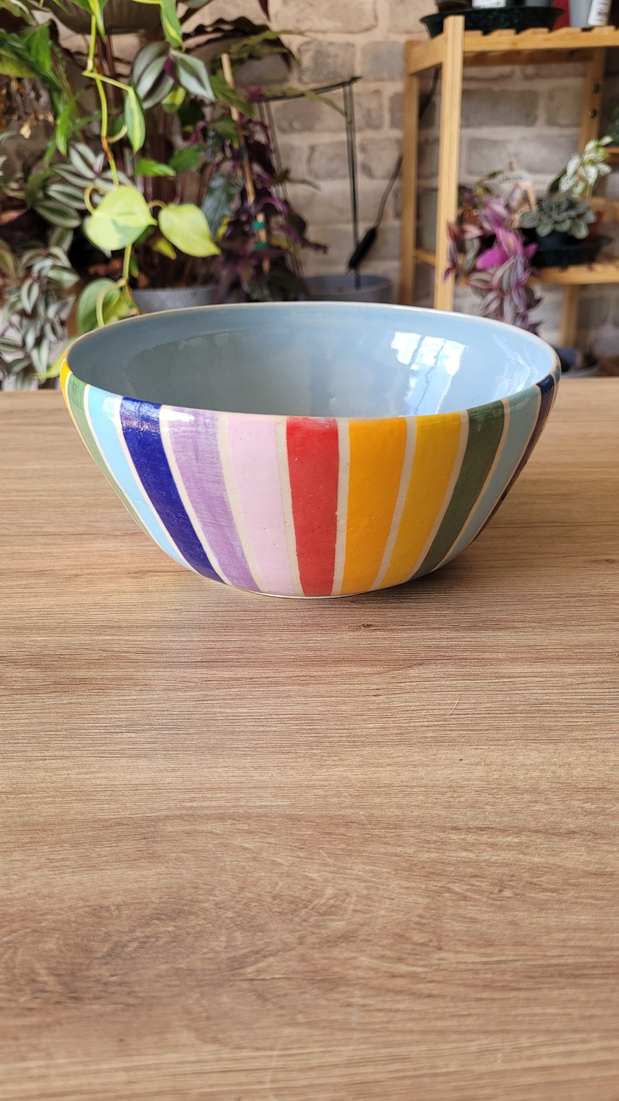 Large rainbow striped light blue ceramic bowl handmade pottery