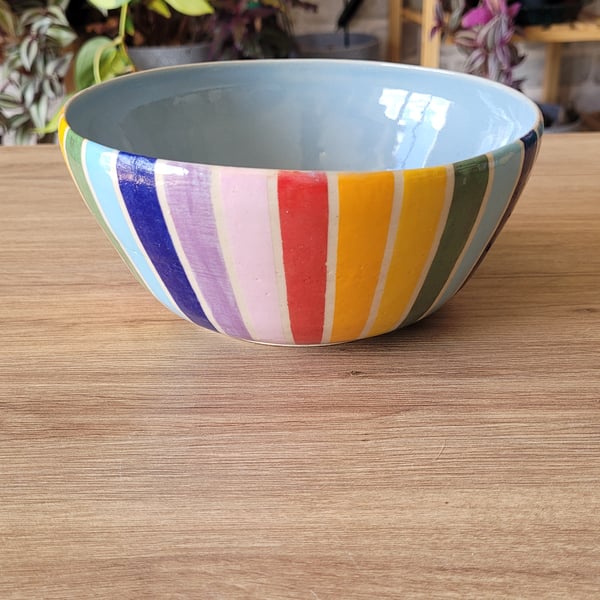 Large rainbow striped light blue ceramic bowl handmade pottery