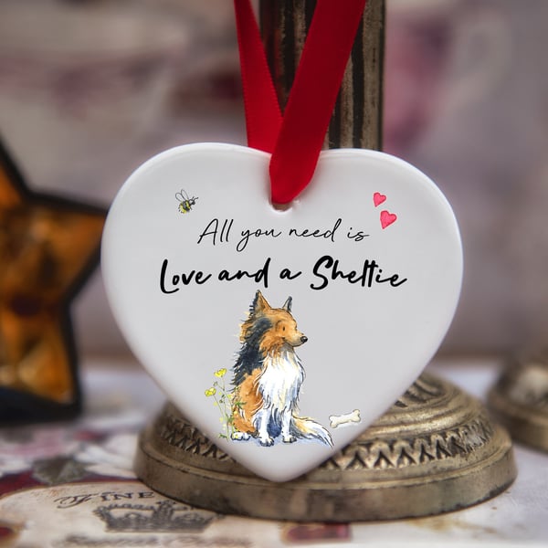 Love and a Sheltie Ceramic Heart
