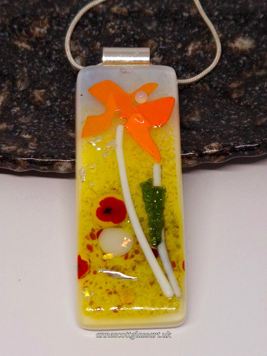 Handmade Fused Glass Pendant Necklace Poppy-field Orange flower
