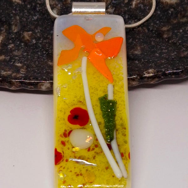 Handmade Fused Glass Pendant Necklace Poppy-field Orange flower