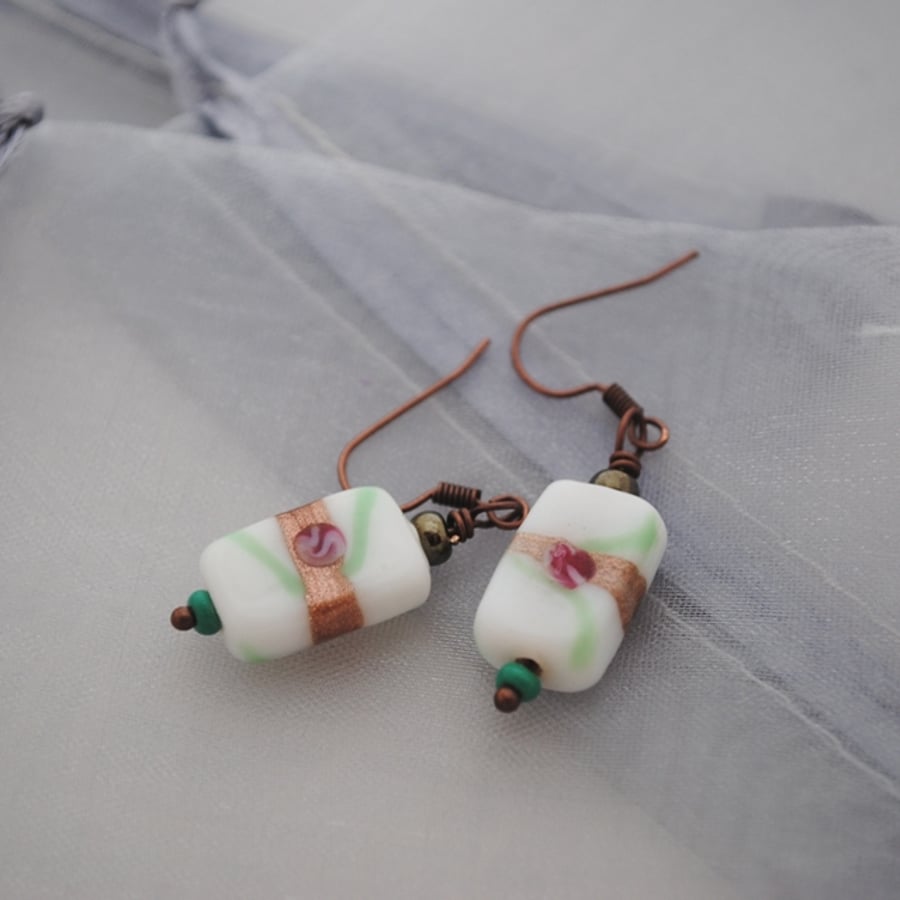 Chinese white flower & copper earrings