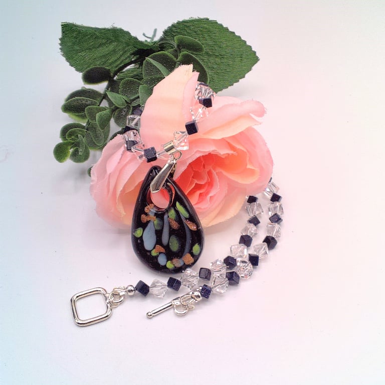 A Black and Clear Cube Bead Necklace with a Black Glass Pendant, Gift for Her